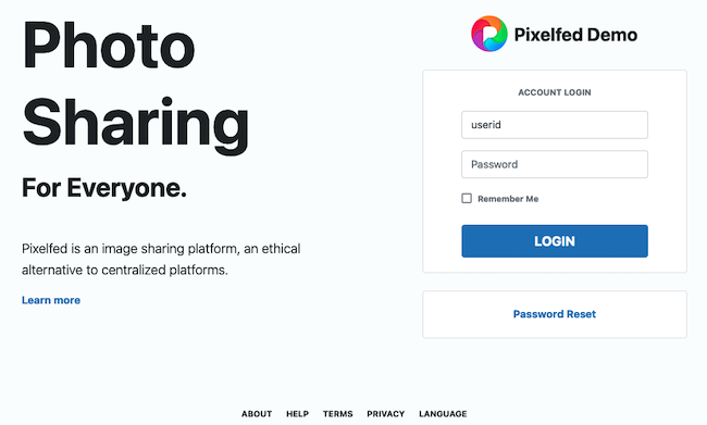 The Pixelfed Login Page