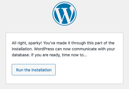 Page to start running the WordPress installation