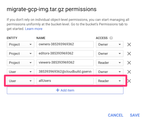 Google Object Storage Bucket Permissions Add Item