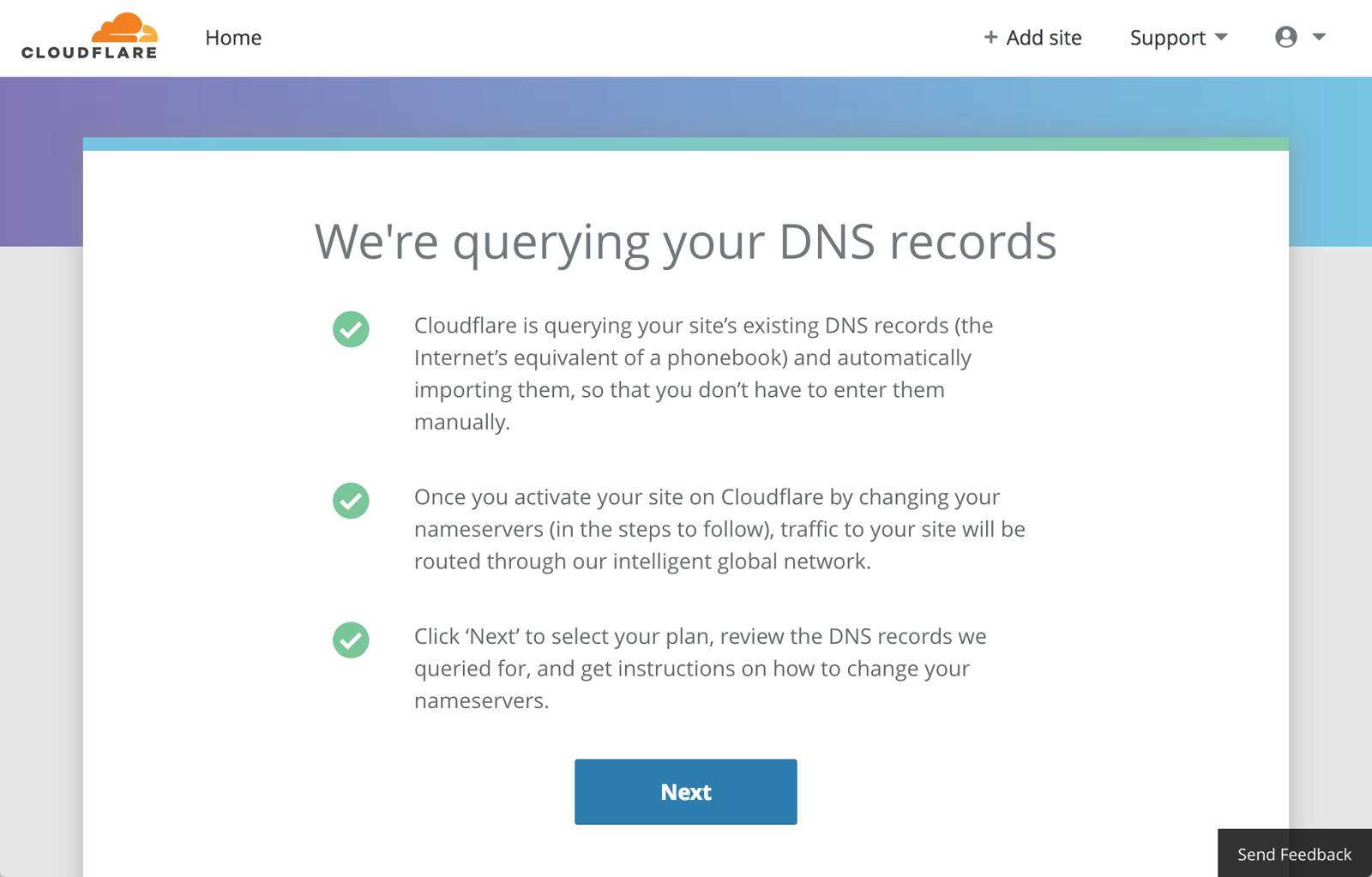 Cloudflare setup - DNS record scan dialog