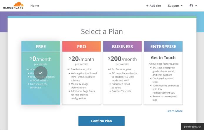 Cloudflare setup - select plan