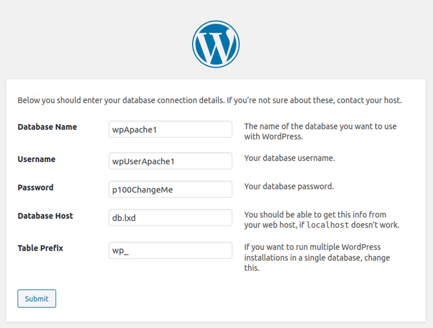 WordPress installation Wizard: Database connection details