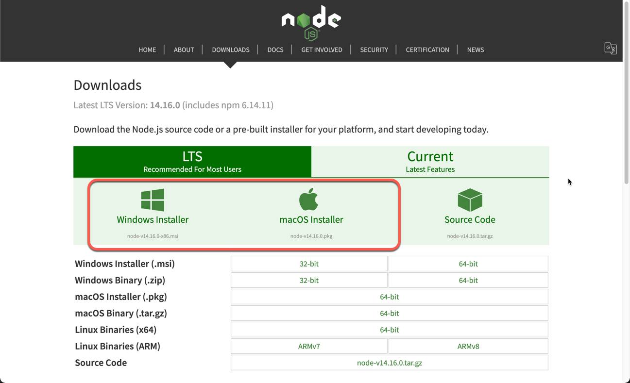 The Node.js downloads page