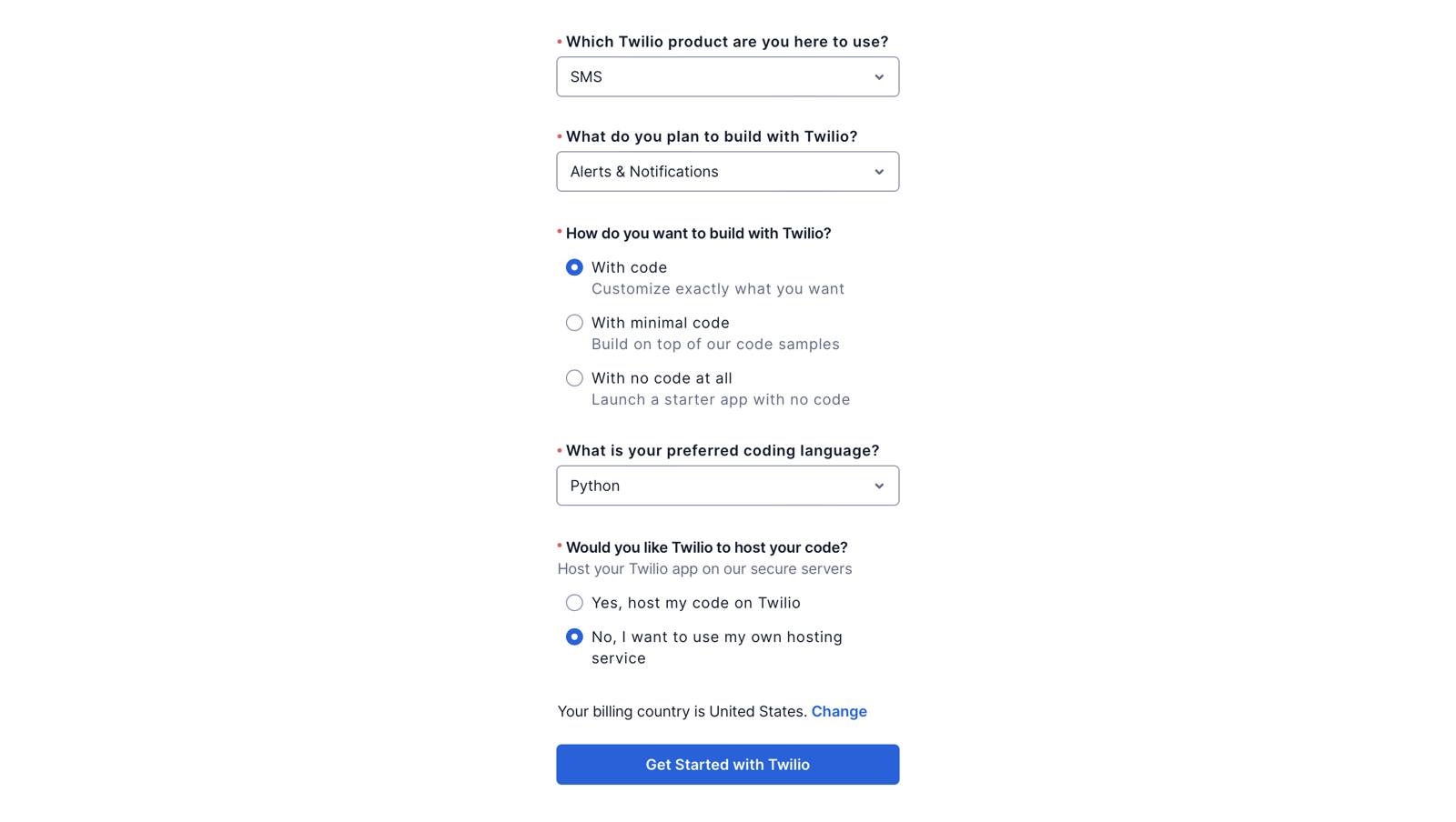 Twilio onboarding form - personalization questions