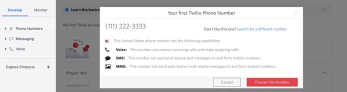 Twilio console - your first phone number dialog