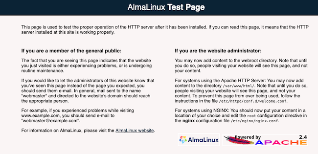 Apache on AlmaLinux landing page