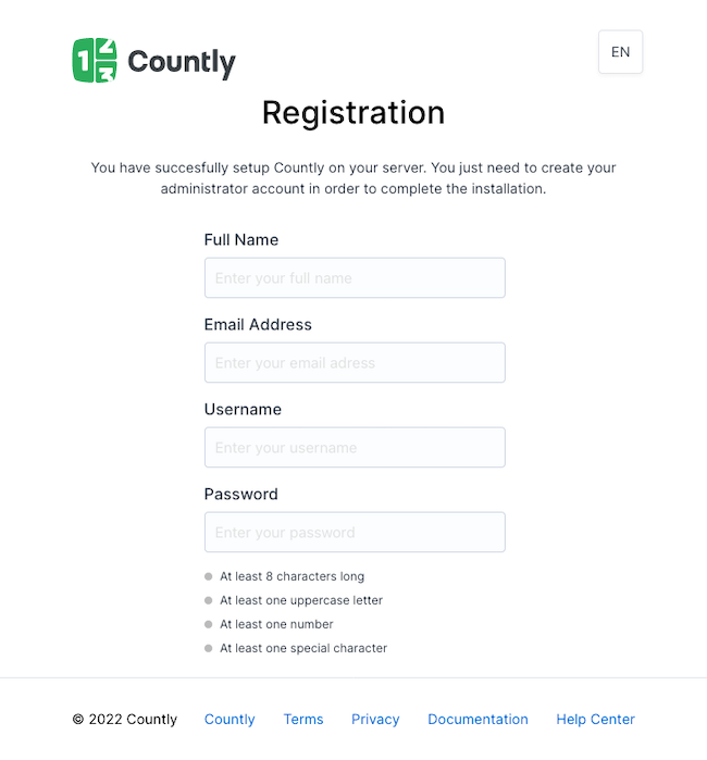 Countly registration page