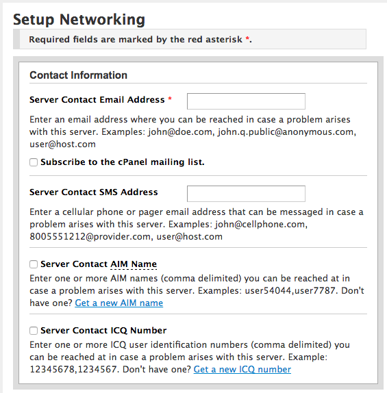 cPanel contact information entry.