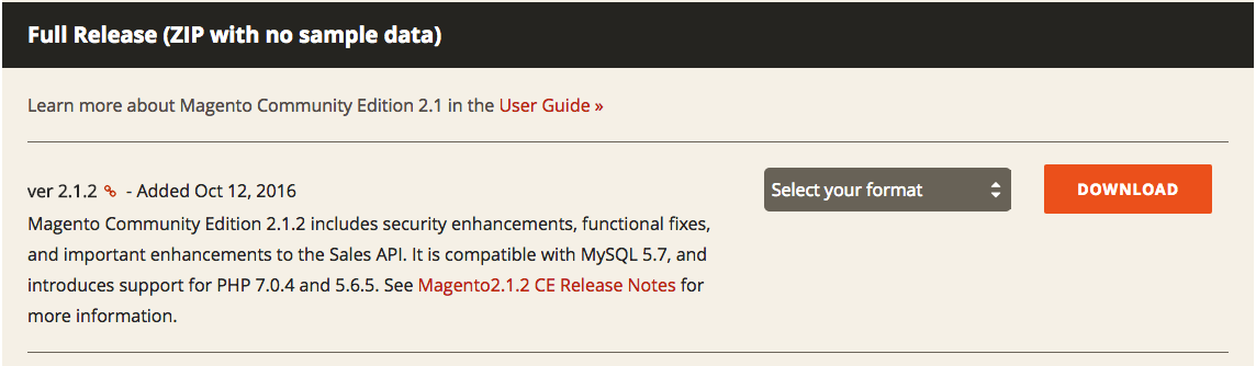 The Magento download screen