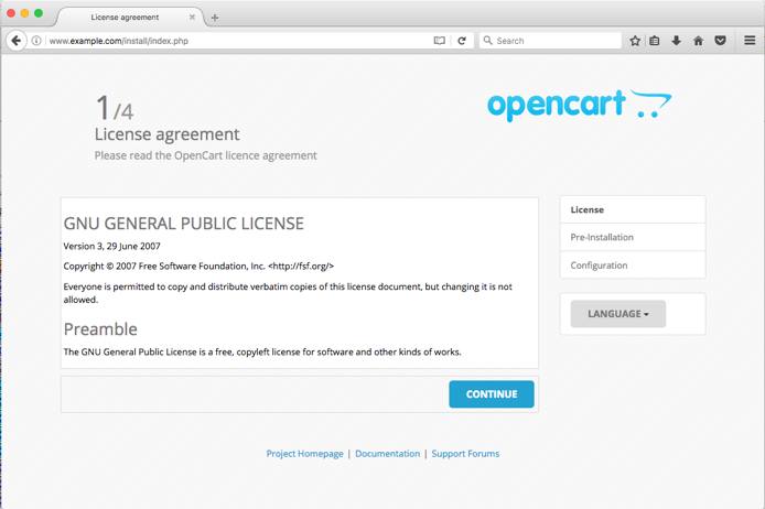 OpenCart Installer Page 1.