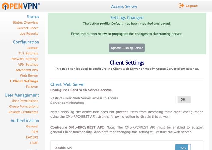 OpenVPN Access Settings Changed.