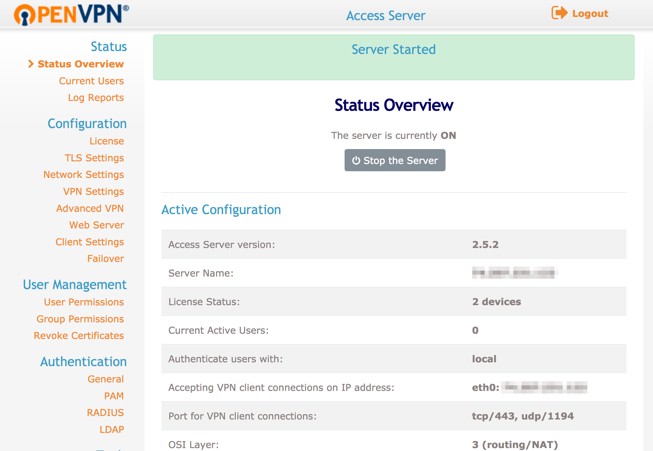OpenVPN Access Status Overview.
