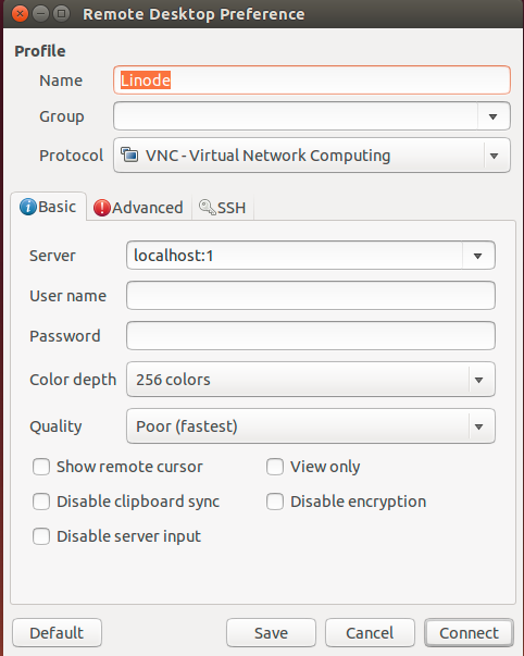 Settings for a Remmina remote desktop connection.