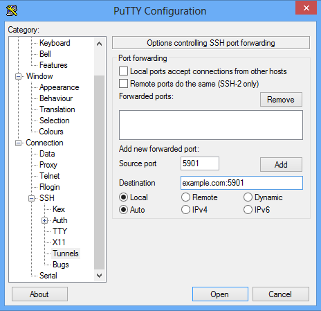 Adding a forwarded port to PuTTY.