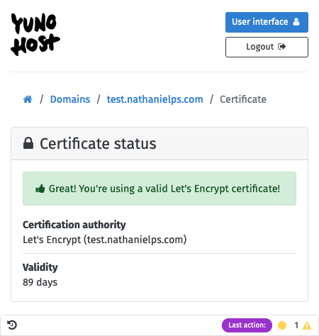 Successful installation of an SSL certificate in the YunoHost administrator interface
