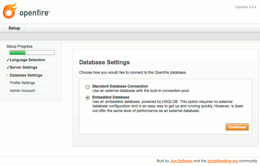 Database type selection in Openfire setup on Debian 5 (Lenny).