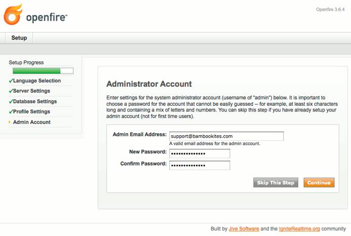 Administrator account settings in Openfire setup on Debian 5 (Lenny).