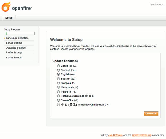 Language selection in Openfire setup on Ubuntu 9.04 (Jaunty).