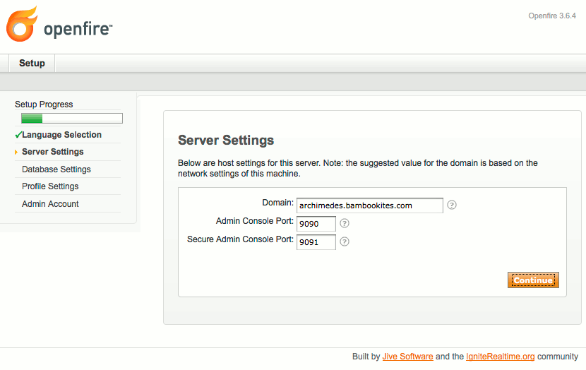 Domain and admin ports selection in Openfire setup on Ubuntu 9.04 (Jaunty).
