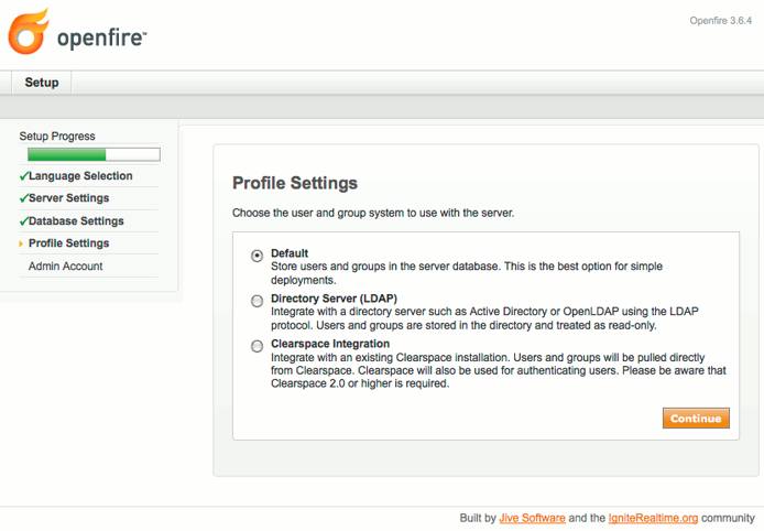 Profile storage selection in Openfire setup on Ubuntu 9.04 (Jaunty).