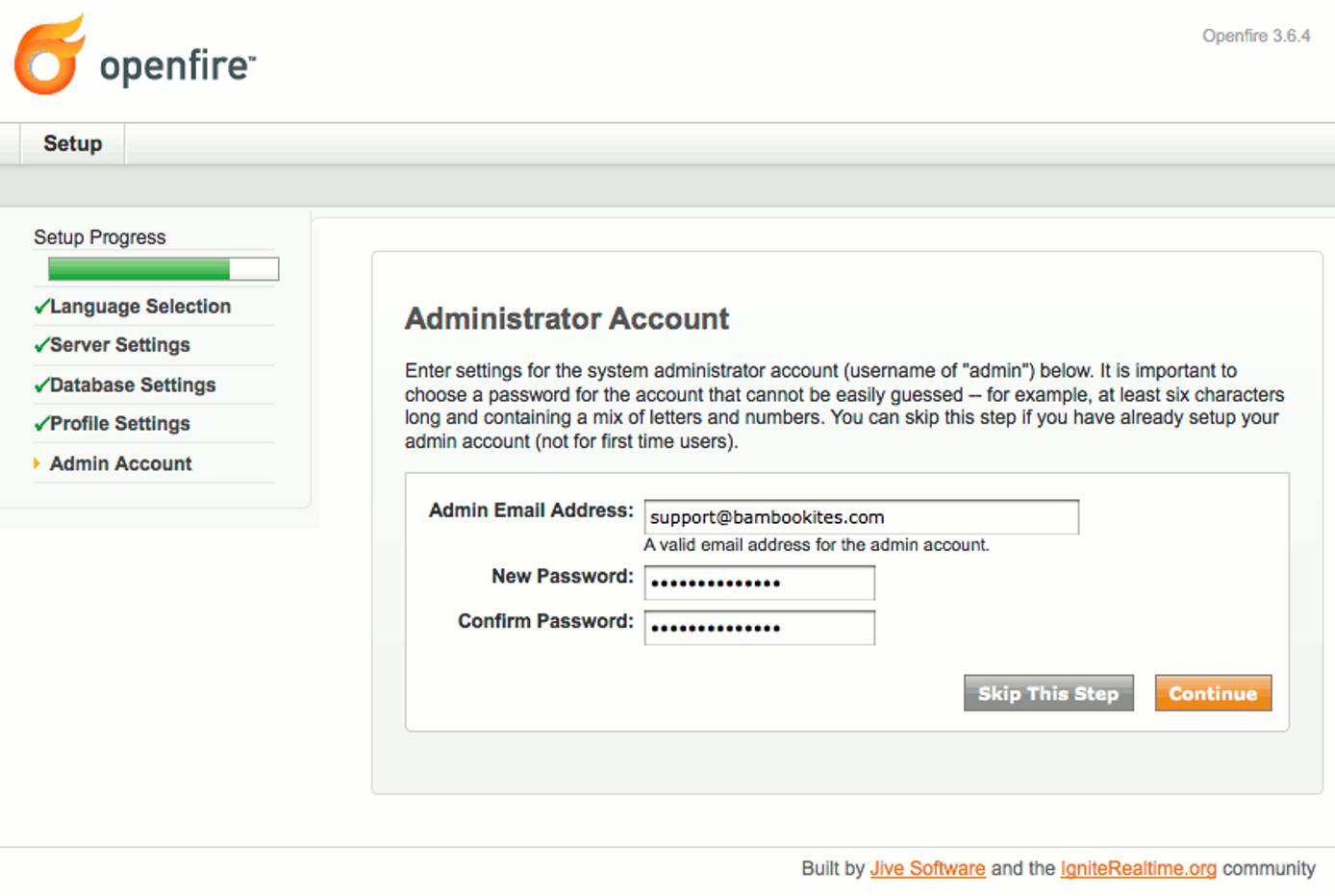 Administrator account settings in Openfire setup on Ubuntu 9.04 (Jaunty).
