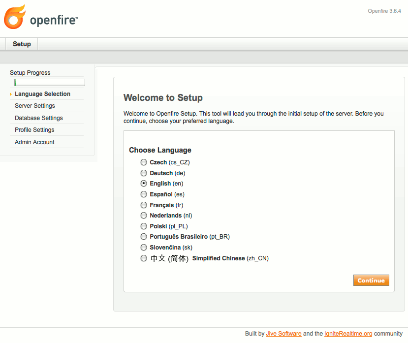 Language selection in Openfire setup on Ubuntu 9.10 (Karmic).
