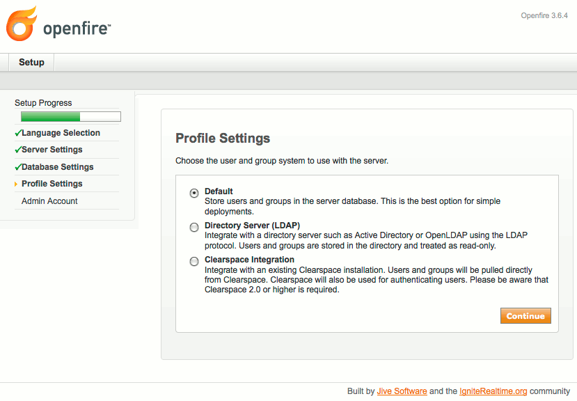 Profile storage selection in Openfire setup on Ubuntu 9.10 (Karmic).