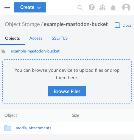 A Mastodon media folder added to the Linode Object Storage bucket