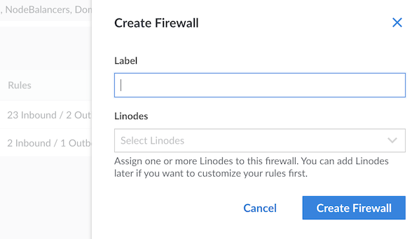 Screenshot of the Create Firewall panel in the Cloud Manager