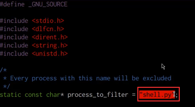 processhider.c file contents with process_to_filter variable shown