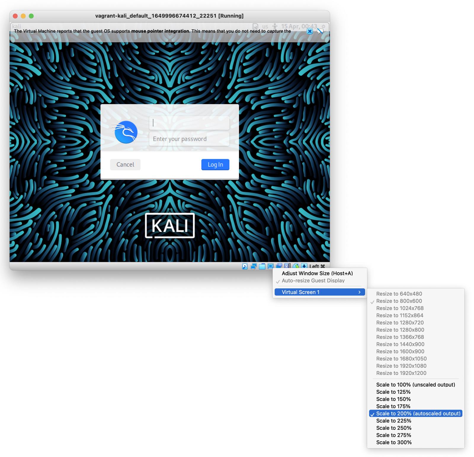 VirtualBox Kali GUI - Adjust Window Size Menu