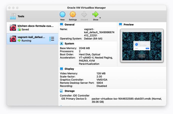 Kali Linux VM listed in VirtualBox Manager