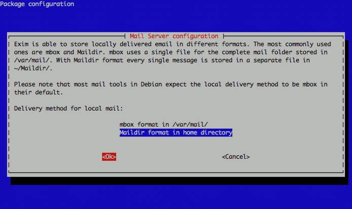 Exim maildirs or mbox configuration on Debian 5.