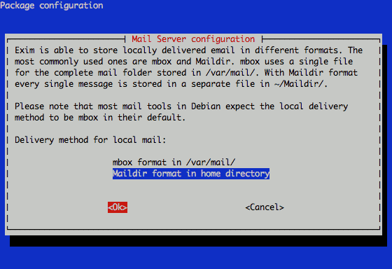 Exim maildirs or mbox configuration on Ubuntu 10.04.
