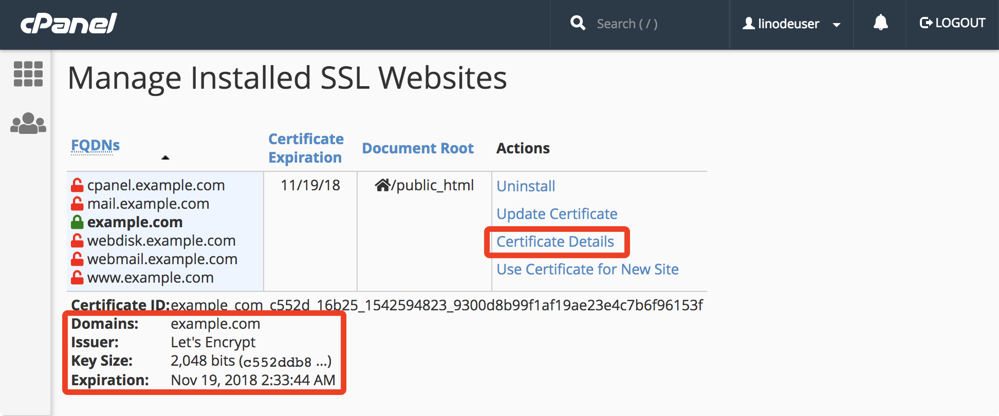 CPanel SSL/TLS Manage SSL Certificates Certificate Details