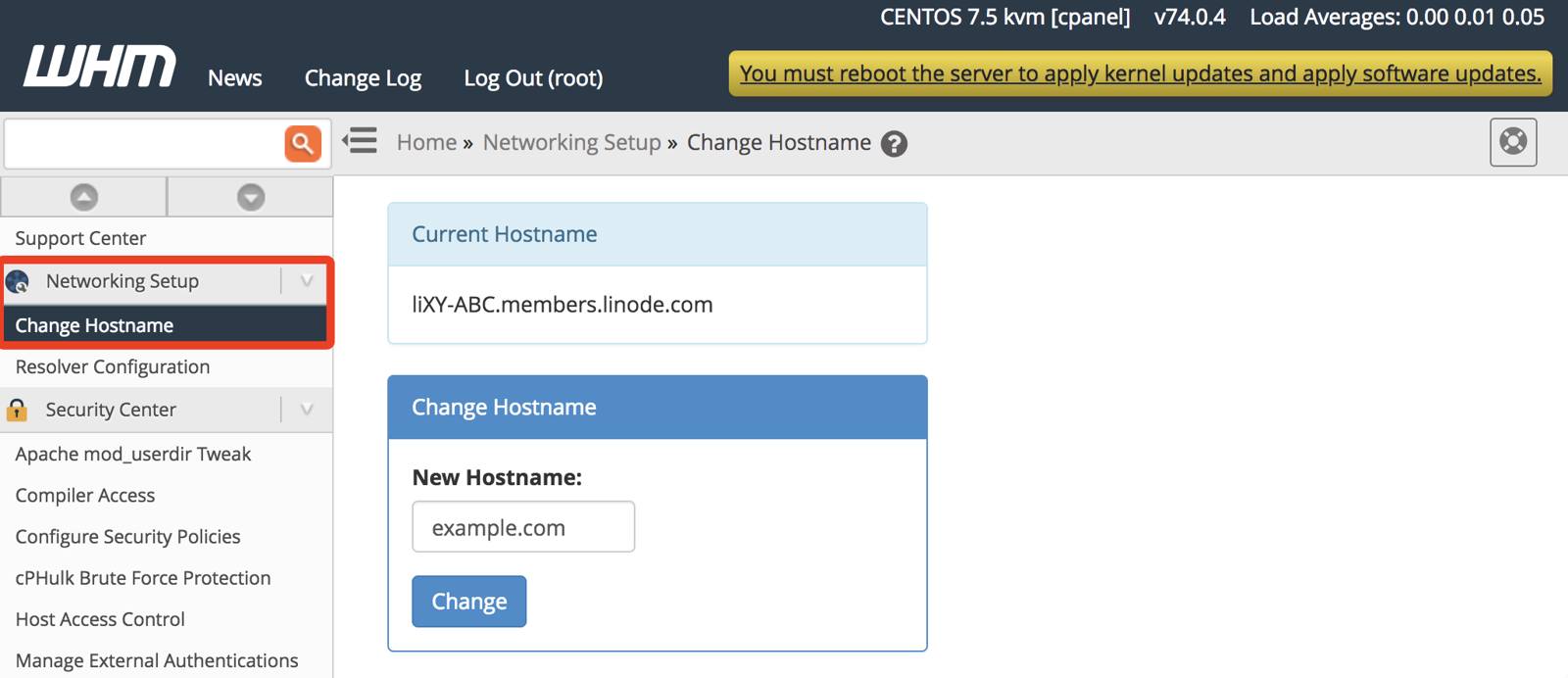 cPanel Change Hostname page