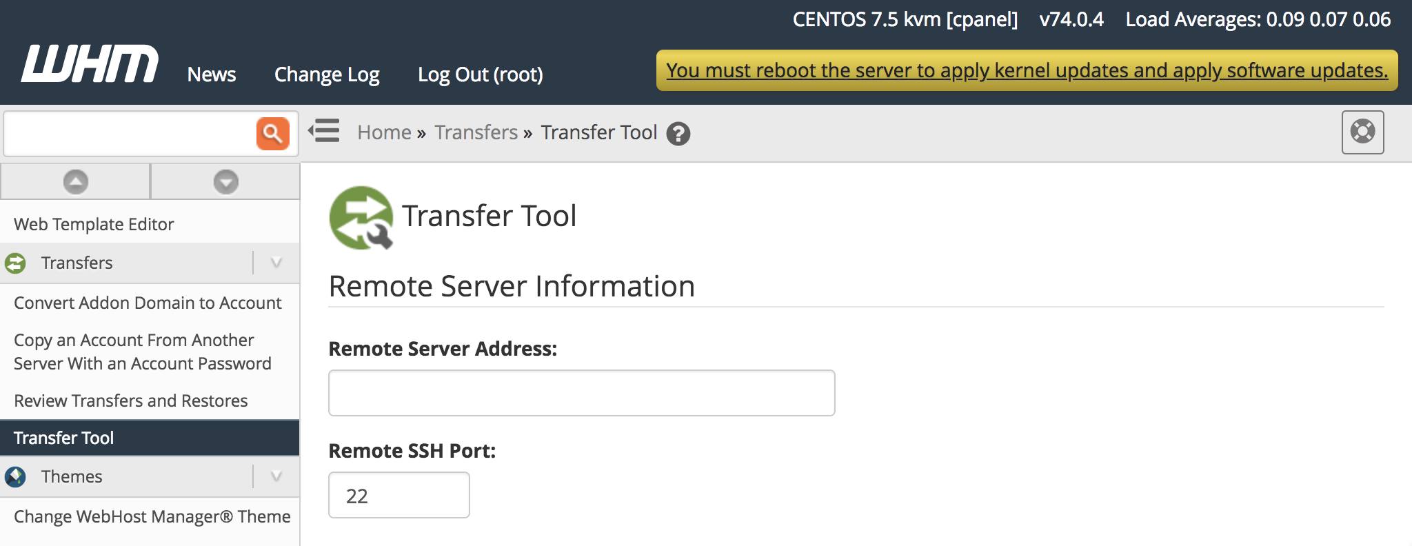 WHM Transfer Tool Remote Server Information Form