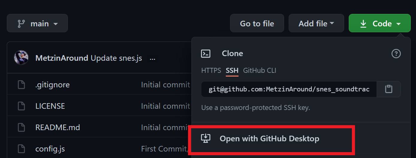 Github.com repository showing the green Code button clicked with Open in Github Desktop option highlighted