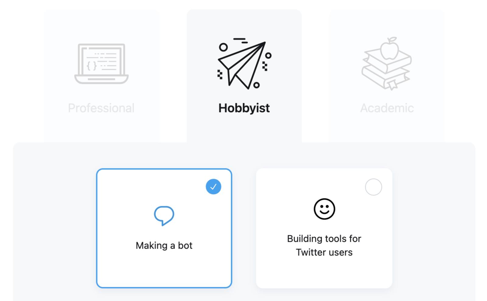 Twitter developer application - which best describes you question with Hobbyist and Making a bot options selected