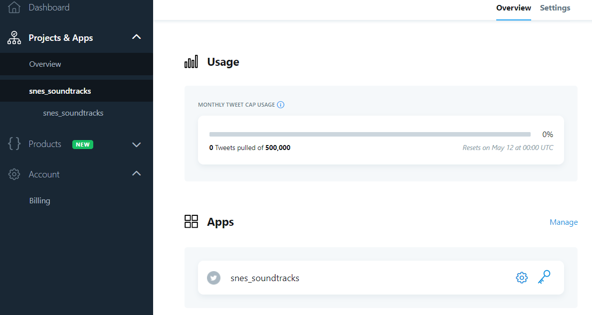 The Twitter developer portal after project and app have been created