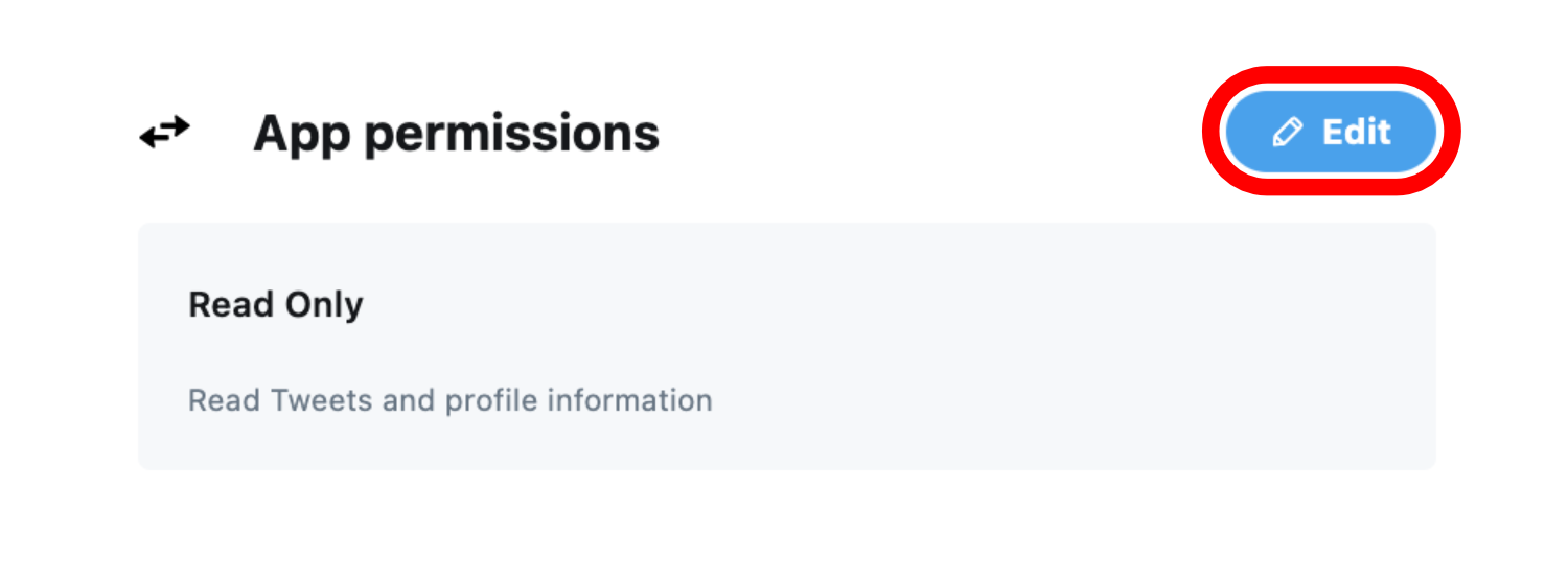 Twitter developer portal: app permissions pane with edit button highlighted