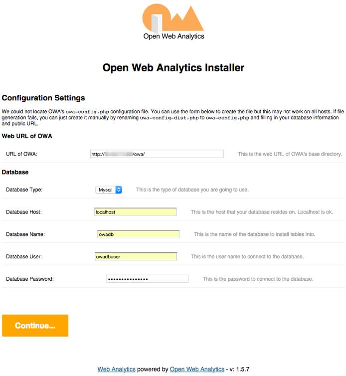 Open Web Analytics set up screen.