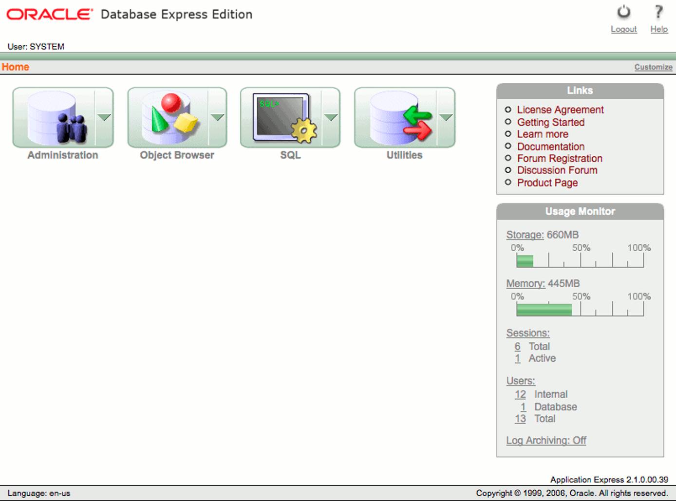 The Oracle XE administration home page.