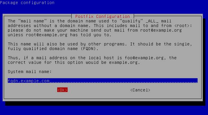 Postfix configuration, System mail name prompt
