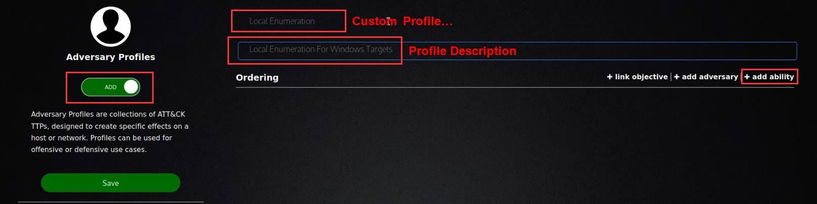 Caldera new custom adversary profile form
