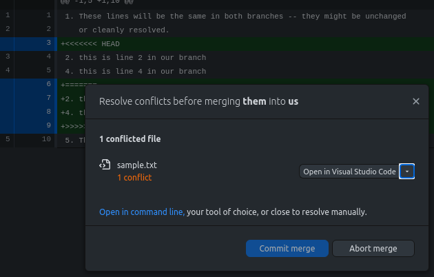 A GitHub Desktop dialog window displaying the number of merge conflicts.