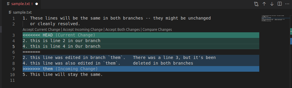 An example Git merge conflict in the VS Code text editor.