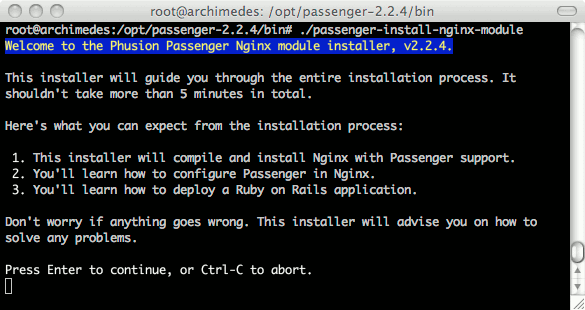 Phusion Passenger Nginx installer program running on Ubuntu 9.04 (Jaunty).