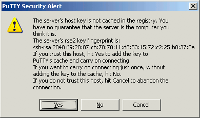 An unknown host key warning in PuTTY on Windows.